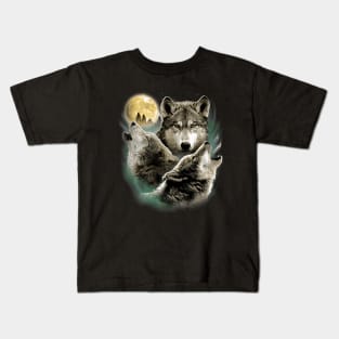 Three Wolves Howling in Moonlight Kids T-Shirt